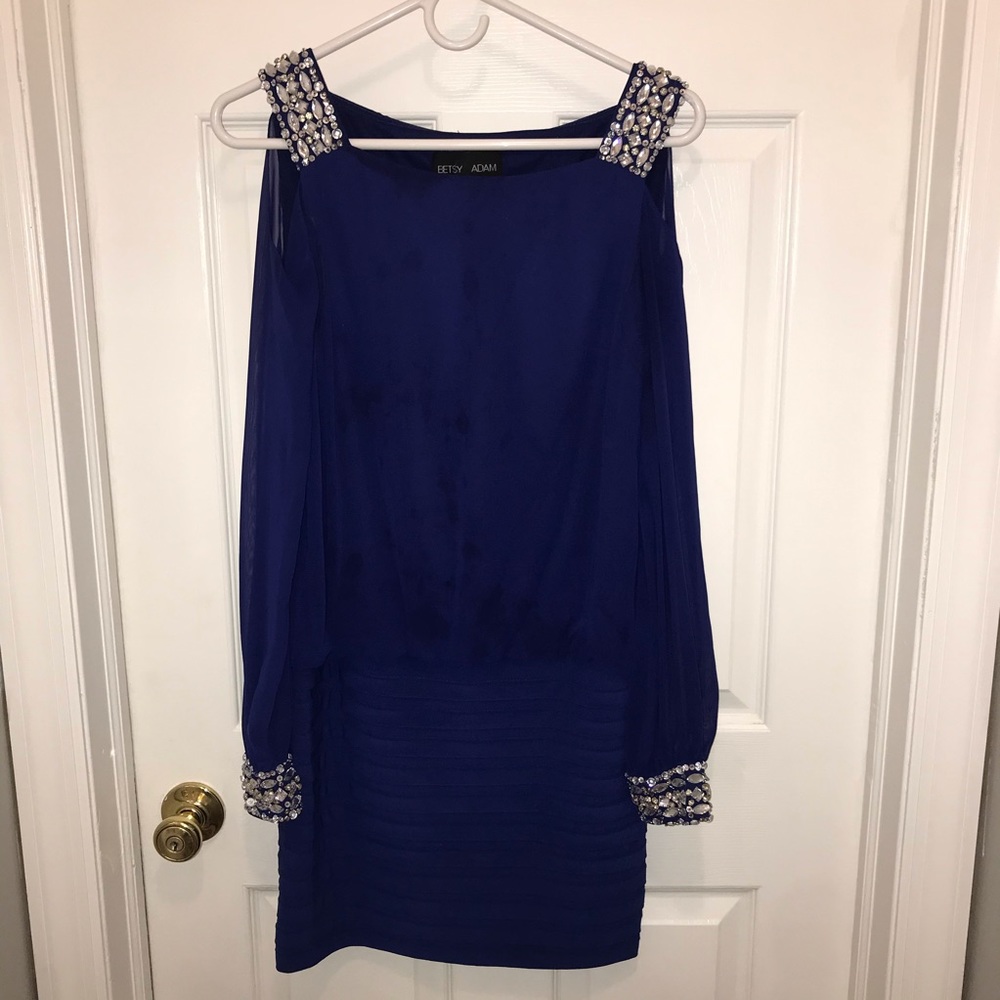 Betsy & Adam navy blue and gemstone formal dress